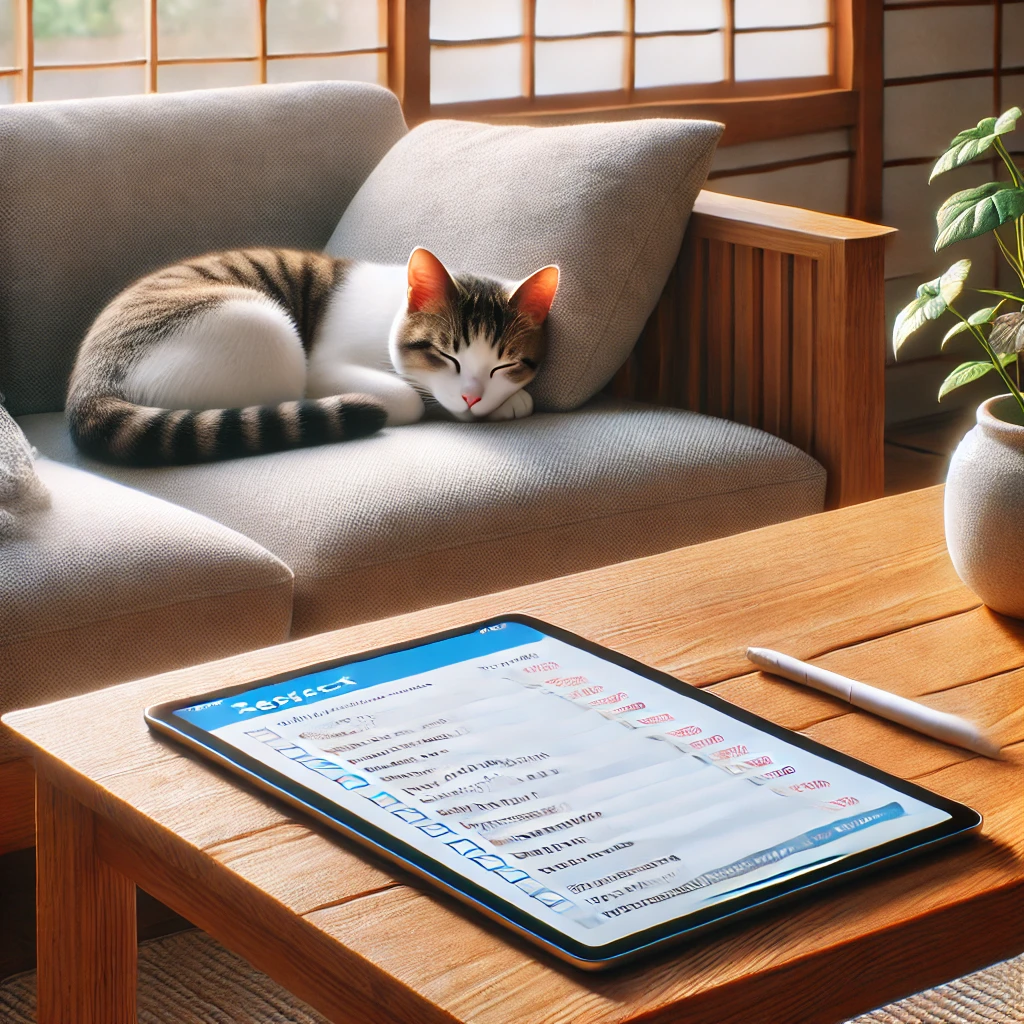 和室のソファで眠る猫のそばに置かれた、デジタル終活のチェックリストが表示されたタブレット端末とタッチペン。