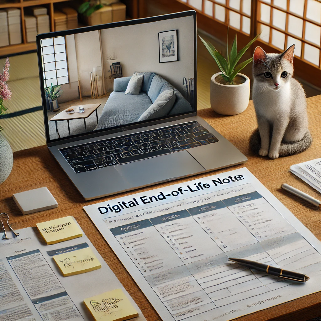 「Digital End-of-Life Note」と記された紙のテンプレート、ペン、付箋が並ぶデスク。背景のノートパソコンの画面には、落ち着いたリビングルームの画像が映っている。