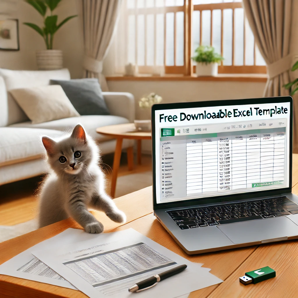 ノートパソコンの画面に表示されたデジタル終活用の無料エクセルテンプレートと、それを見つめる子猫。手前には印刷されたリスト、ペン、USBメモリが置かれている。