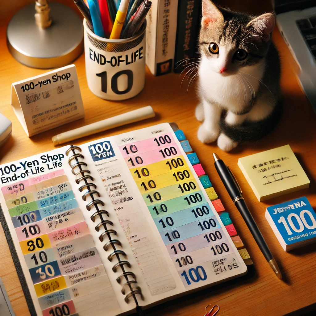 100円ショップで購入したノートや付箋、ペンを活用して、手書きでIDやパスワードを整理している様子。デスクの上には子猫が座っている。