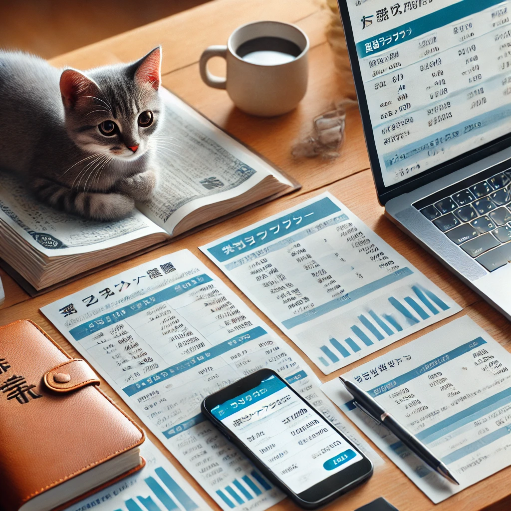 デスクの上に広げられた複数の資産管理リスト、スマートフォン、ペン、コーヒー。傍らには、開かれた通帳のような本の上に子猫が寝そべっている。