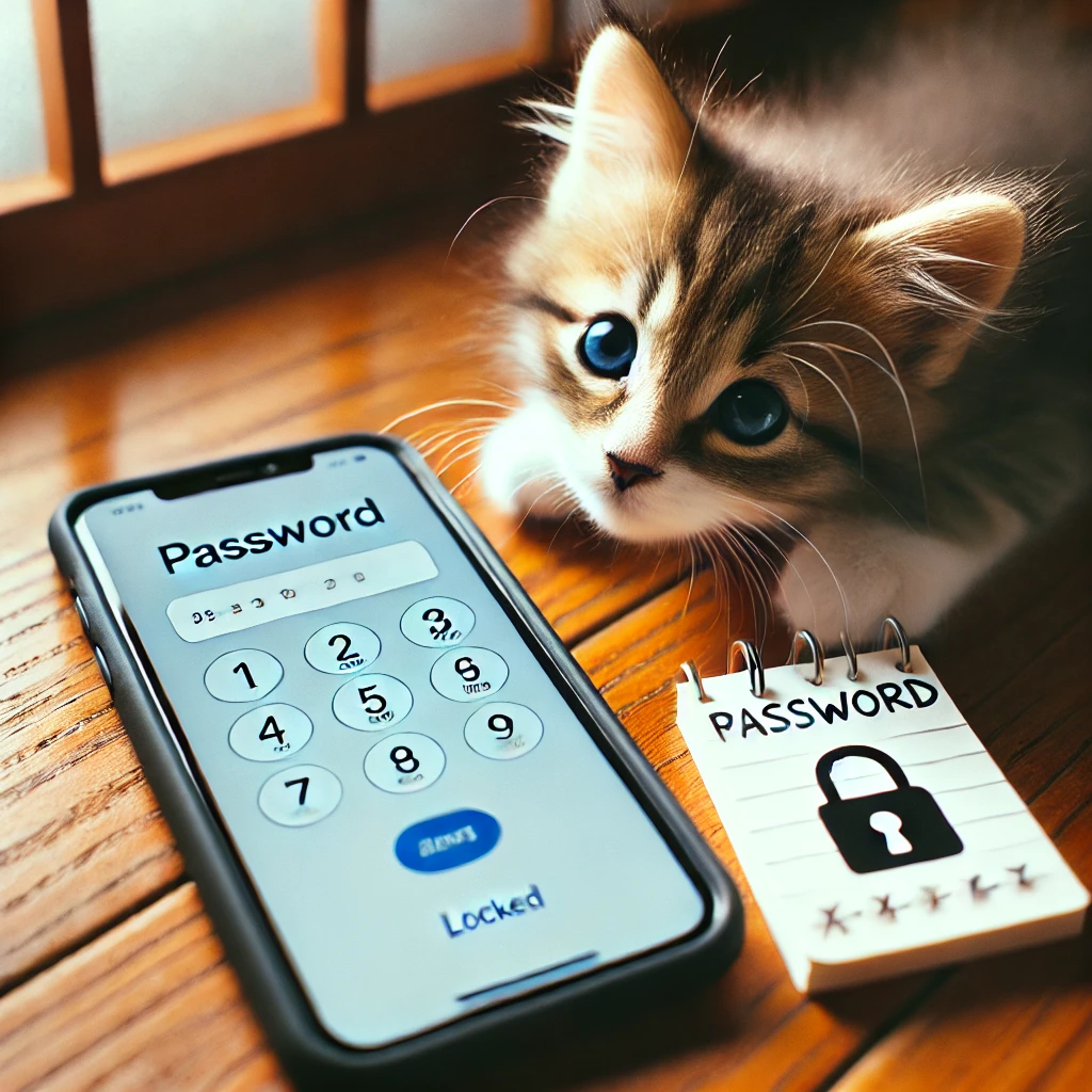 ロックされたスマートフォンの画面と、その横に置かれた手書きの「PASSWORD」メモ。不安そうにそれらを見つめる子猫。