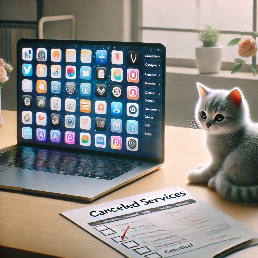 ノートパソコンの画面に並ぶ多数のアプリのアイコンと、手前に置かれたサブスクリプションサービスの解約チェックリスト。それを見つめる子猫。