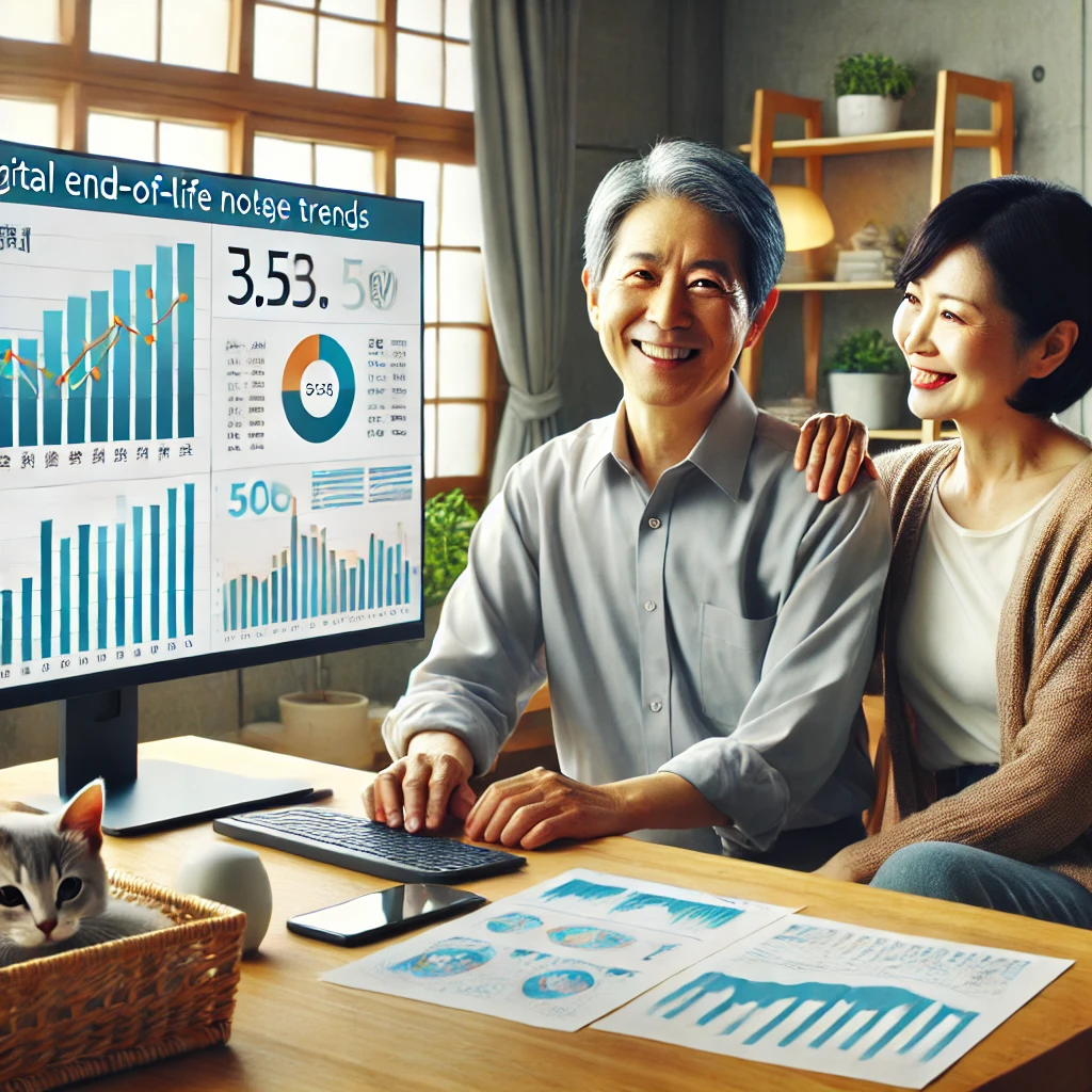 デジタル終活のトレンドを示す棒グラフや円グラフが映る大きなモニターの前で、笑顔を見せるシニアの夫婦。