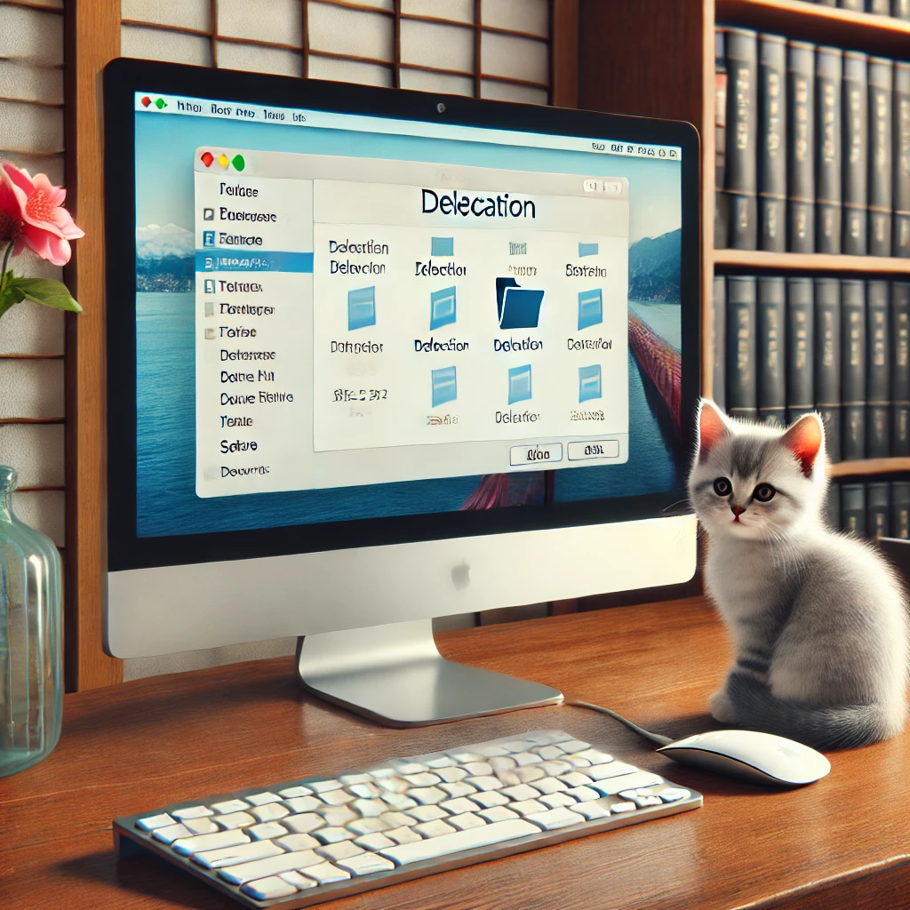 p デスクトップパソコンの画面に表示された、不要なデータを整理・削除するための「Delecation(削除)」フォルダの管理画面。画面の横で子猫が静かに座っている。