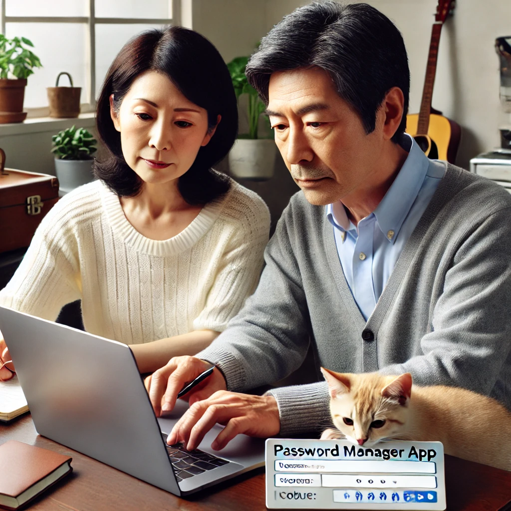 「Password Manager App」という入力画面が表示されたノートパソコンを前に、真剣な表情で操作するシニア夫婦。キーボードの近くで子猫が作業を見守っている。