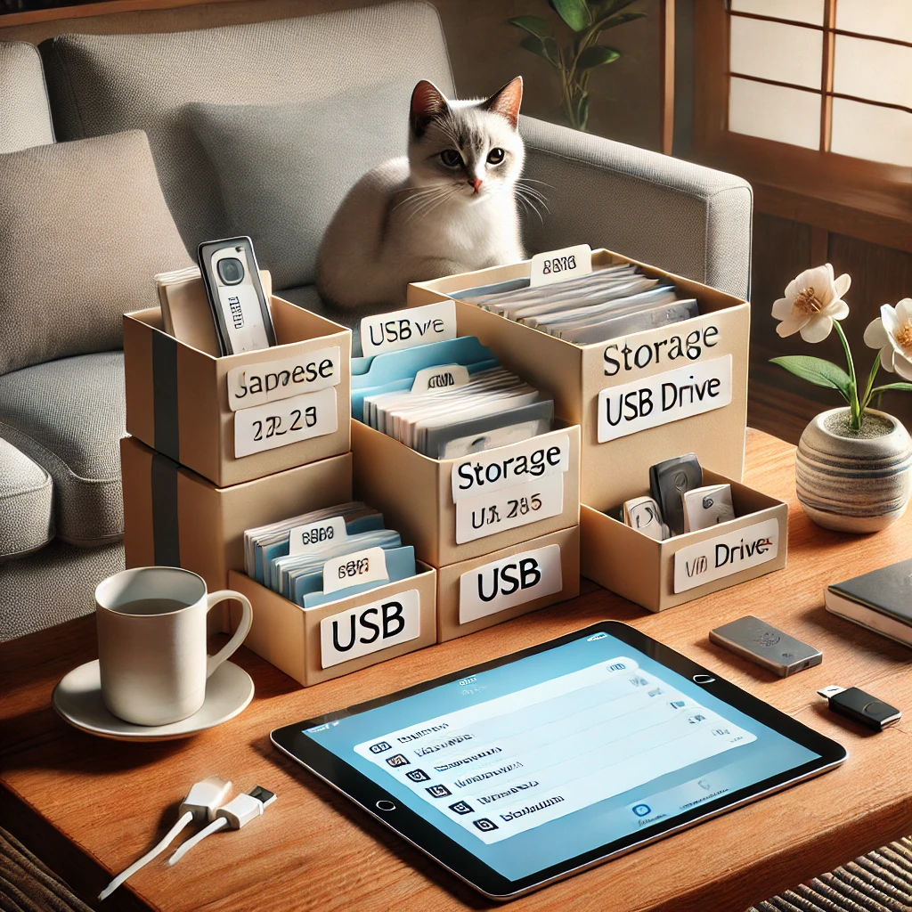 「USB Drive」「Storage」などのラベルが貼られた複数の整理ボックスと、手前に置かれた管理用タブレット、USBメモリ、ケーブル類。ソファの上で子猫が整理された様子を眺めている。