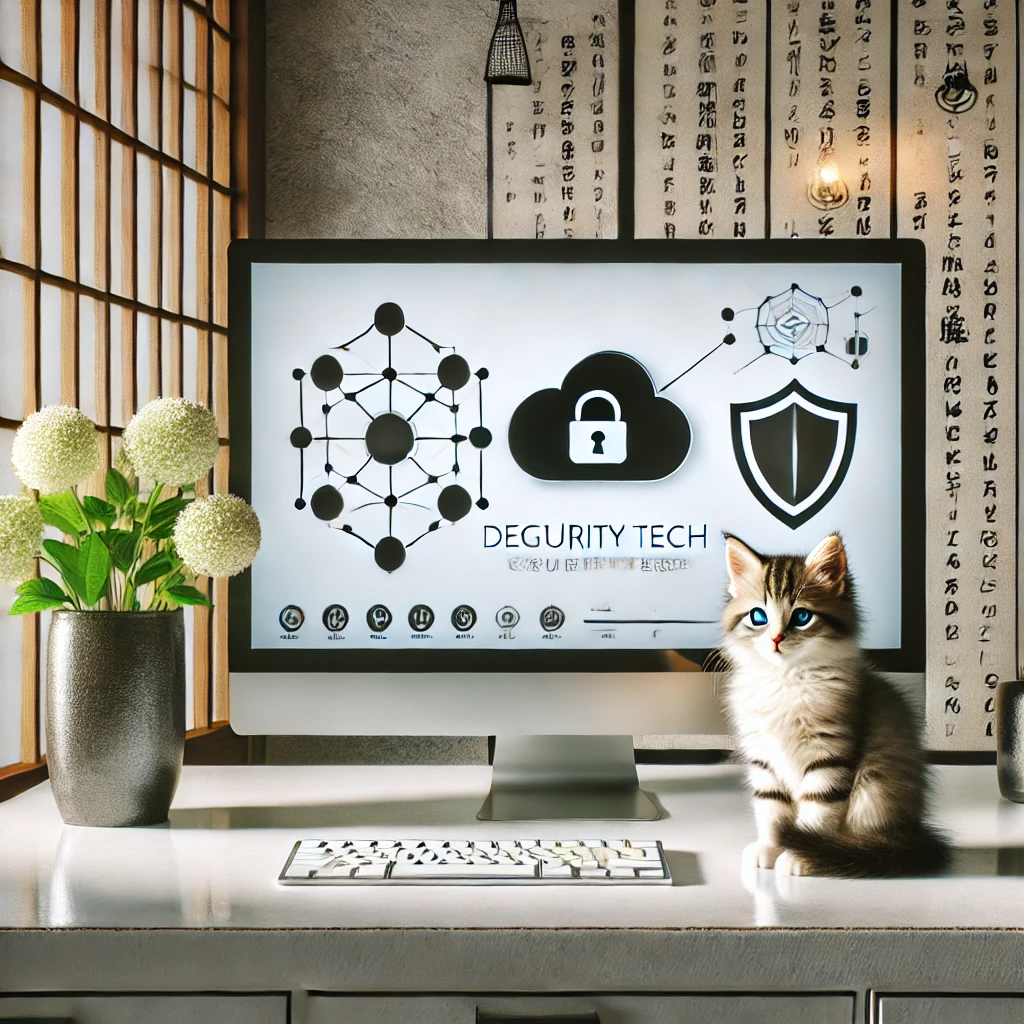 「DEGURITY TECH」というロゴとセキュリティ、クラウド、盾のアイコンが表示されたスタイリッシュなモニター画面。キーボードの前で子猫が賢そうに座っている。