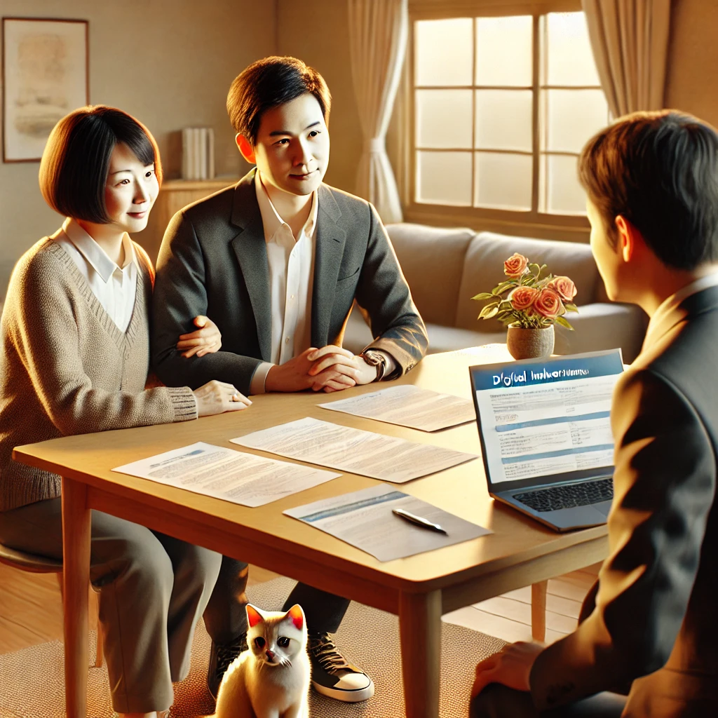 明るい相談ブースで、若い専門家からデジタル終活のアドバイスを真剣な表情で受けている若い夫婦。テーブルの下では子猫が大人しく座っている。