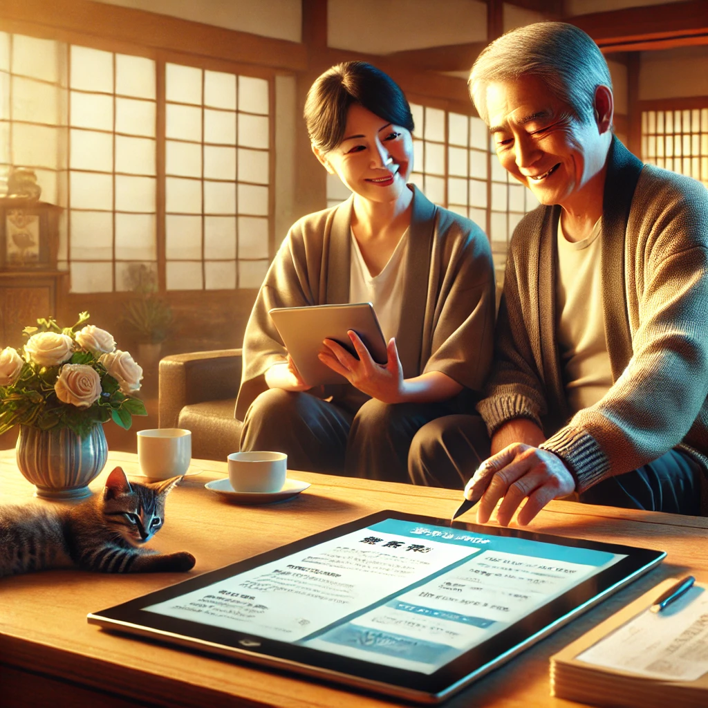 夜の落ち着いた和室で、大きなタブレット端末に表示されたデジタル終活ノートを指差しながら、笑顔で内容を確認し合うシニア夫婦。テーブルの上には花瓶とコーヒーがあり、子猫が横でくつろいでいる。