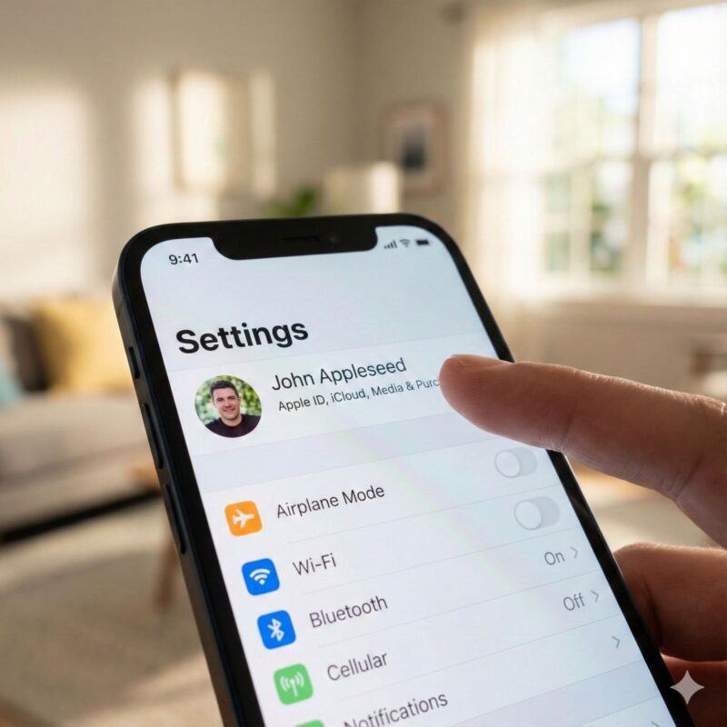iPhoneの設定画面のクローズアップ。画面最上部にある自分の名前（Apple ID）のバナーに指が触れようとしている瞬間。背景は明るく清潔なリビングルームで、自然光が差し込んでいる。高品質な技術写真。