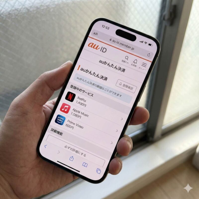 iPhoneの画面で、「au ID」の会員ページを開いている様子。オレンジ色のauロゴが目立ち、「auかんたん決済」のメニューの中で「登録中のサービス」一覧が表示されている。