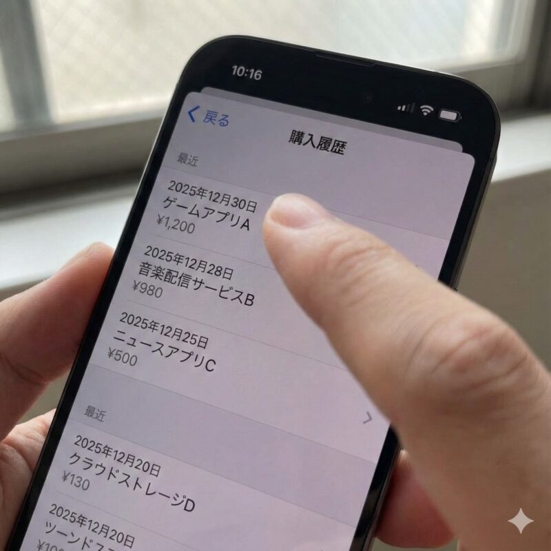 iPhoneの設定にあるApple IDの「購入履歴」画面のクローズアップ。最近の取引リストが日付順に並んでおり、アプリ名と金額（例: ¥1,200）がずらりと表示されている。指でリストをスクロールしている様子。