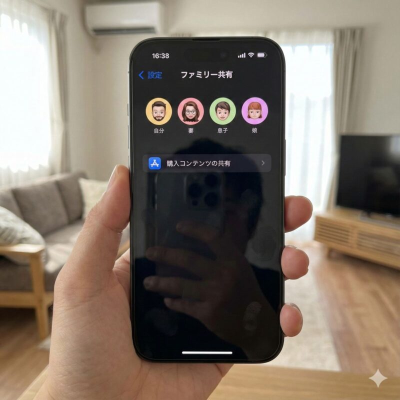 iPhoneの設定画面で「ファミリー共有」のメニューを開いているところ。画面には自分を含む家族3〜4人のアイコン（アバター）が並んでおり、その下に「購入コンテンツの共有」という項目が見える。