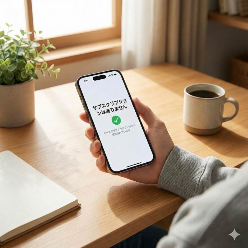 整理整頓された明るいデスクの上で、iPhoneを手に持ち、リラックスした様子で画面を見ている人物。iPhoneの画面には「サブスクリプションはありません」というスッキリした表示が出ており、安心感と完了感を表現。