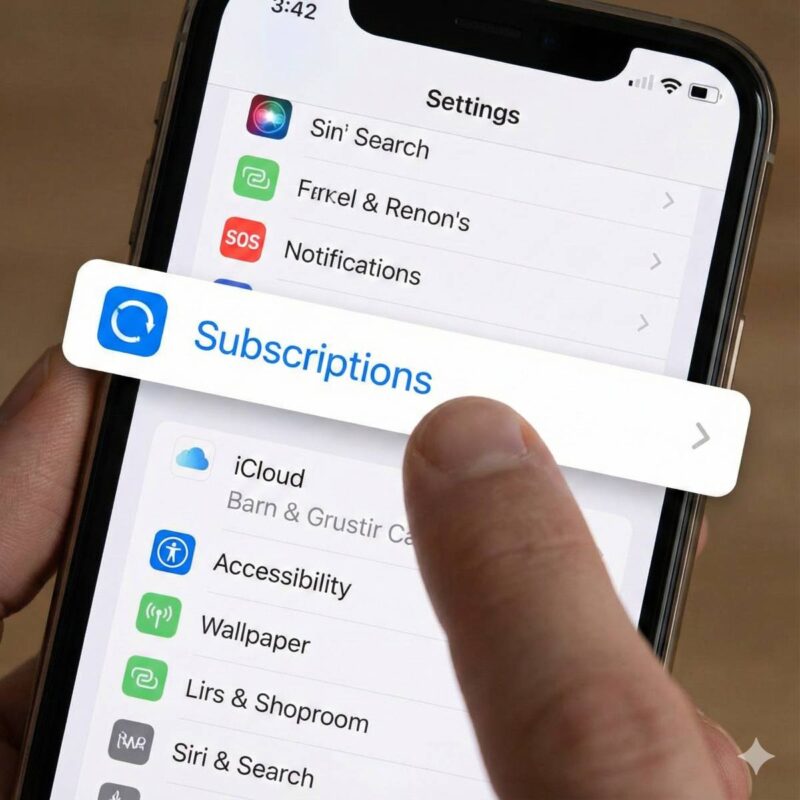 iPhoneの画面のクローズアップ。「設定」メニューの中にある青いアイコンの「サブスクリプション」という項目が強調して表示されている。画面は鮮明で、指がその項目を指し示している。