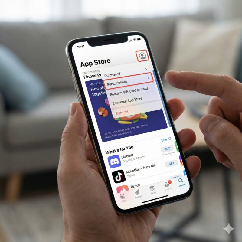 iPhoneでApp Storeアプリを開いている画面。右上のアカウントアイコンをタップして表示されたポップアップメニューの中に、「サブスクリプション」というボタンが見えている状態。