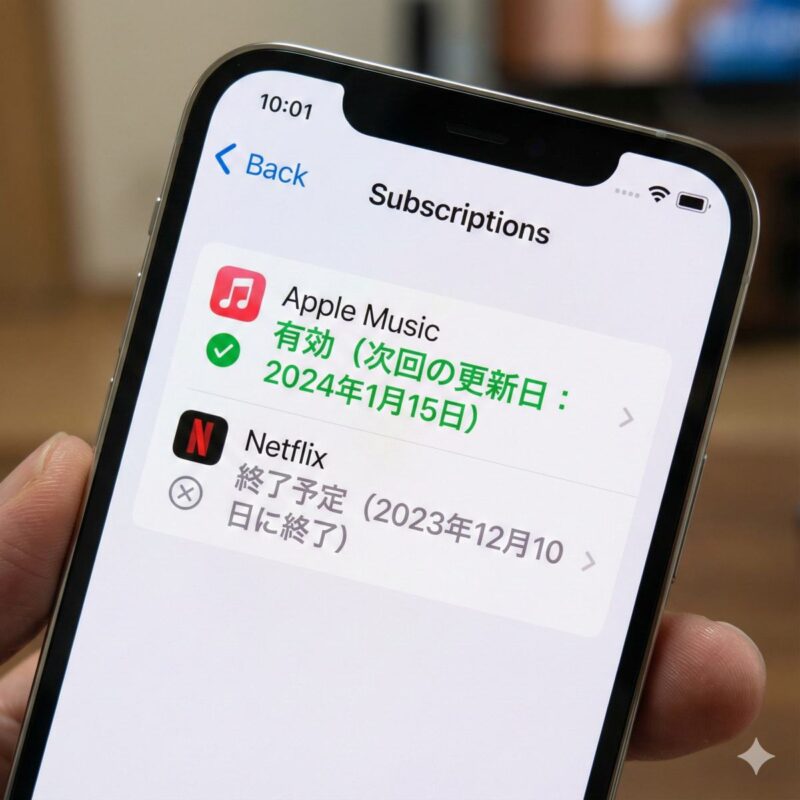 iPhoneのサブスクリプション一覧画面の接写。2つの項目が並んでおり、上の項目には緑色の文字で「有効（次回の更新日：...）」、下の項目には灰色の文字で「終了予定（...に終了）」とはっきりと表示されている様子。