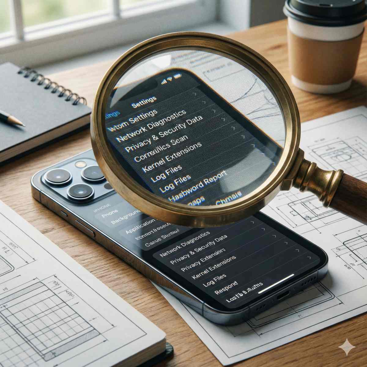 机の上に置かれたiPhoneの画面を、虫眼鏡（ルーペ）で拡大して見ている様子。iPhoneの画面には複雑な設定メニューのリストが表示されており、深く調査しているイメージ。