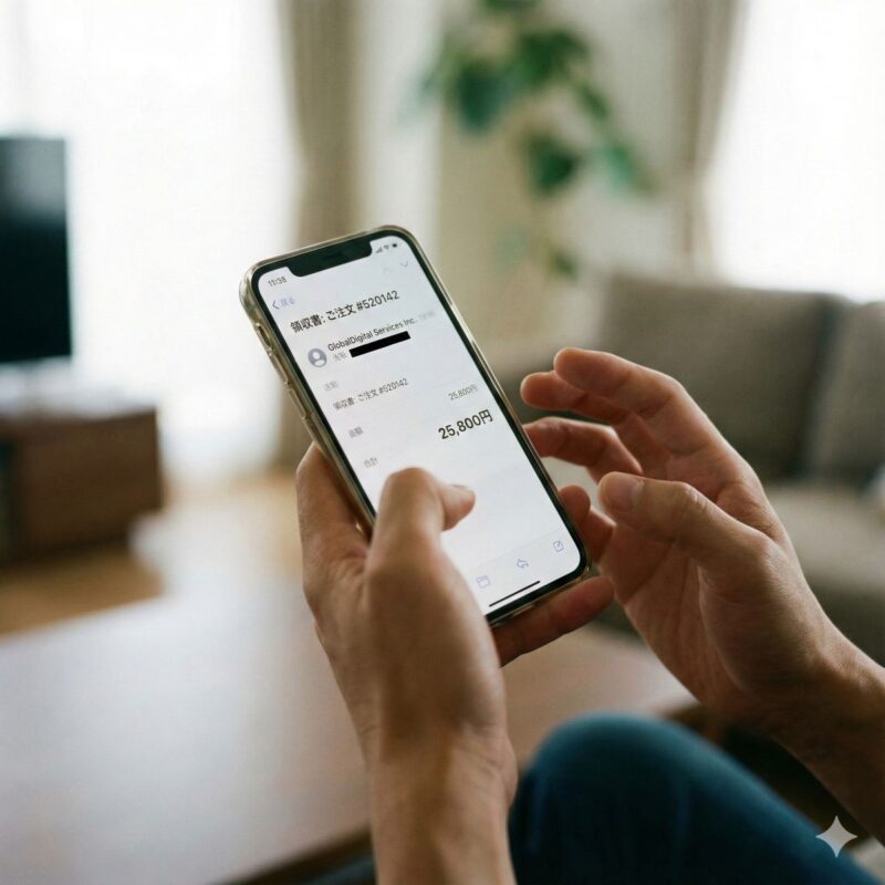 iPhoneでメールアプリを開き、身に覚えのないサービスからの「領収書」メールを表示している画面。画面を見ている人物が困惑して首をかしげている様子が、持つ手の雰囲気から伝わる。