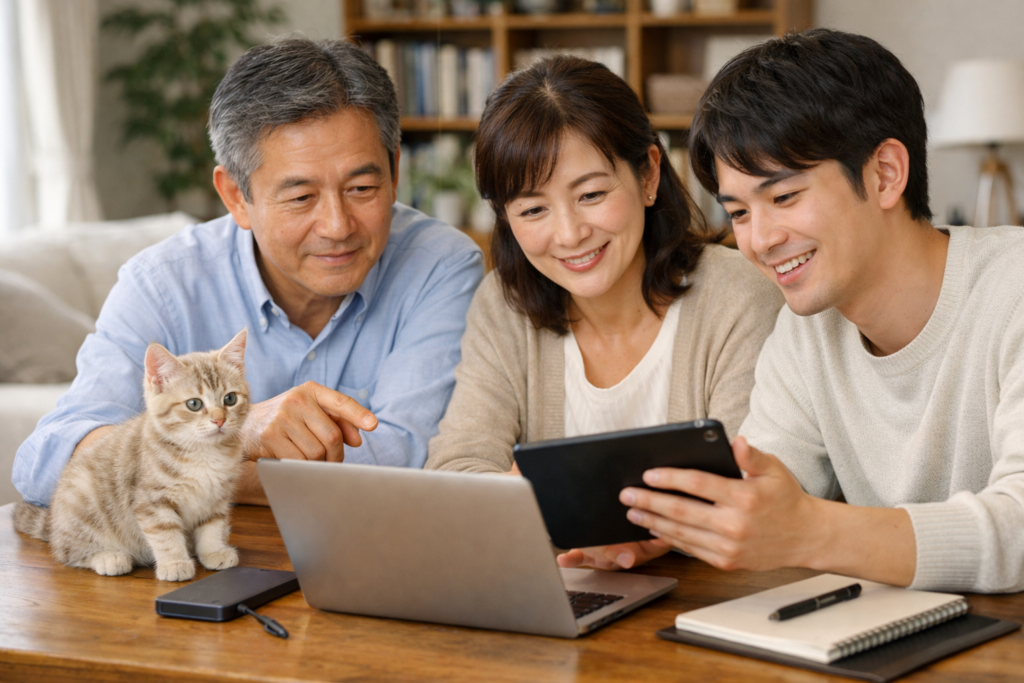 パソコンやタブレットを囲んで、穏やかな表情でデジタル終活について話し合う年配の夫婦と若い男性。傍らには、家族に寄り添うように座る子猫がいる。