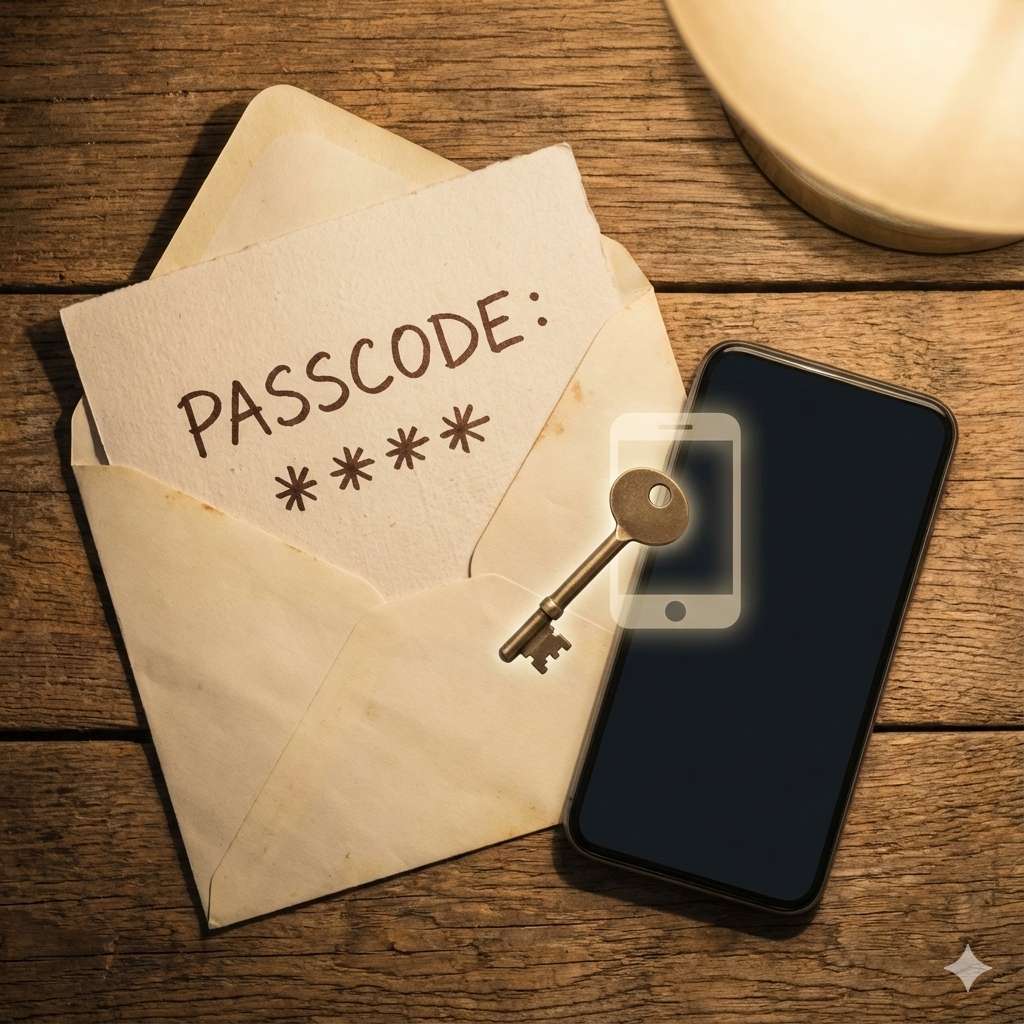 木のテーブルの上、手書きのパスコードが書かれたメモと紙封筒、その横にスマホが置かれている。スマホ画面に重なる古い鍵のインフォグラフィック。紙の質感を強調した温かみのあるライティング。
