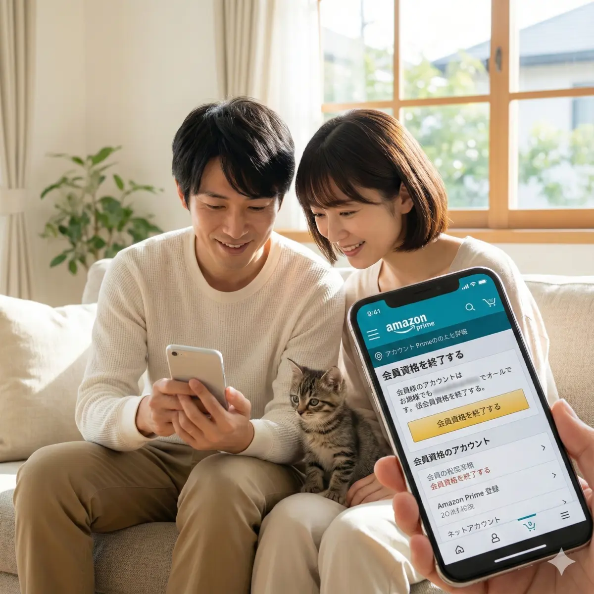 30代の日本人夫婦, 二人の間に座る小さな子猫, 明るいリビングで一緒にスマートフォンの画面（Amazonプライムのアカウントページ）を見ている, 自然光, 穏やかな笑顔, 落ち着いて相談している様子。