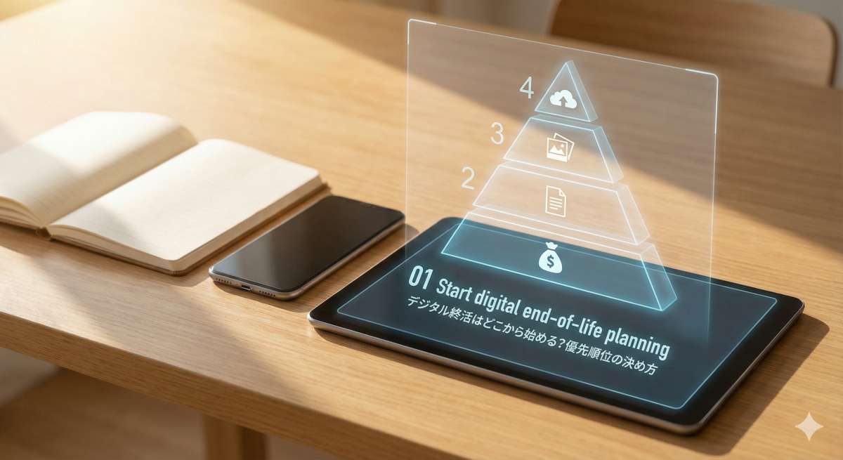 清潔な木のデスクにノートとスマホ、タブレットが置かれ、その上に優先順位を示すピラミッド型のインフォグラフィックが浮かんでいる。お金や書類、写真のアイコンがレベル分けされており、明るく整理された雰囲気。