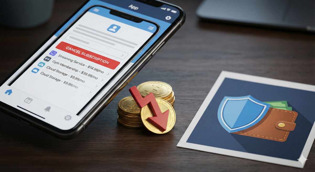 スマホ画面に並ぶ月額課金リストと大きな解約ボタンのアップ。横には赤い矢印がついたコインの山があり、負債を防ぐ様子を表現。財布を守る盾のインフォグラフィック。