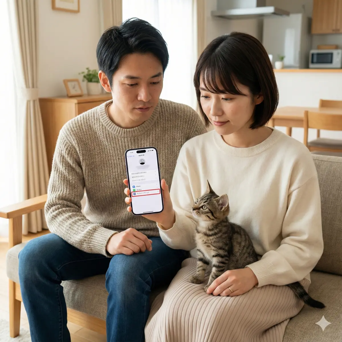 30代の日本人夫婦, Apple IDの「サブスクリプション」設定画面が表示されたiPhoneを持つ妻, 彼女の肩越しに覗き込む夫, スマホに向かって不思議そうに首をかしげる小さな子猫, 真剣だが穏やかな表情。