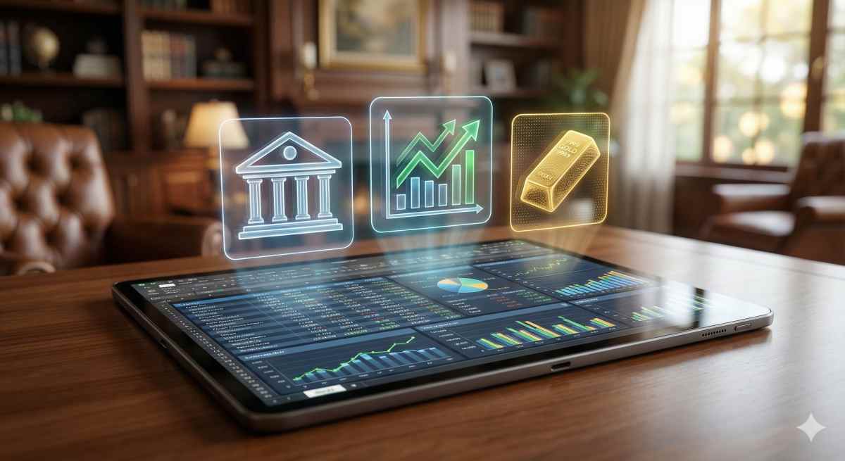 高級感のあるタブレットに表示された資産管理のスプレッドシート。銀行や株価チャート、金の延べ棒のアイコンが浮いている。背景は上品な書斎で、信頼感のあるハイテクな雰囲気。