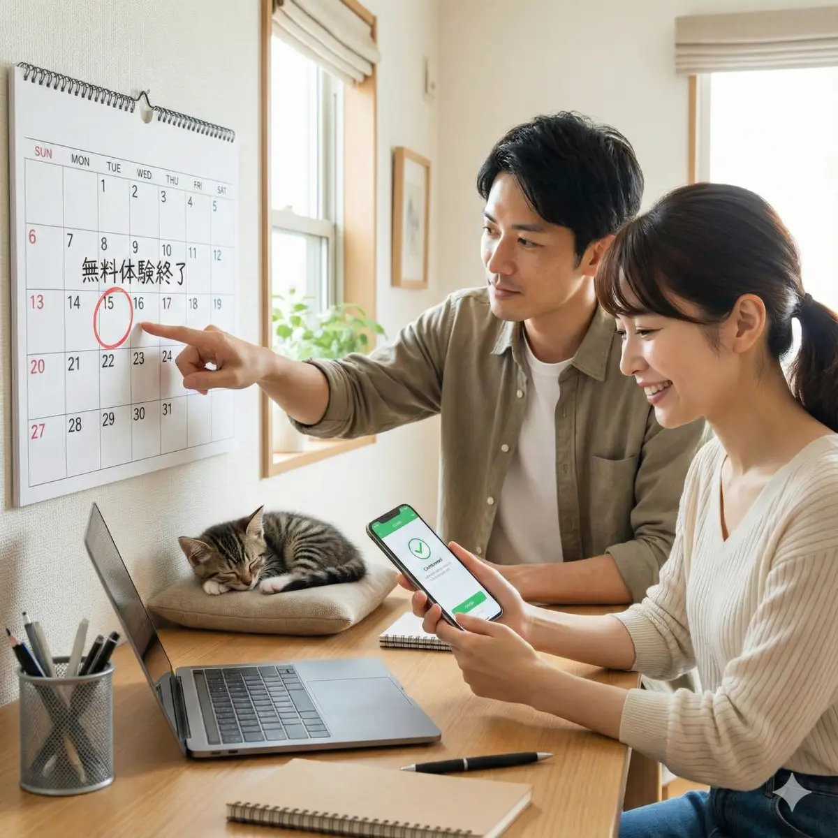 30代の日本人夫婦, 壁掛けカレンダーの「無料体験終了日」と丸で囲まれた日付を指さす夫, 安心した笑顔でスマホを操作する妻, カレンダーのそばで眠る小さな子猫, 整理されたデスク周り。