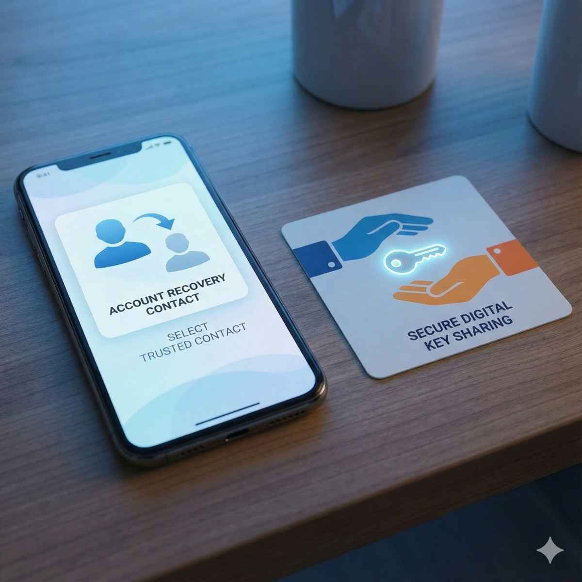 スマホ画面に表示された、人物アイコンから別の人へ矢印が伸びるセキュリティ設定画面。デジタルキーを手渡す両手のインフォグラフィック。ブランド青を基調としたモダンで安全な雰囲気。