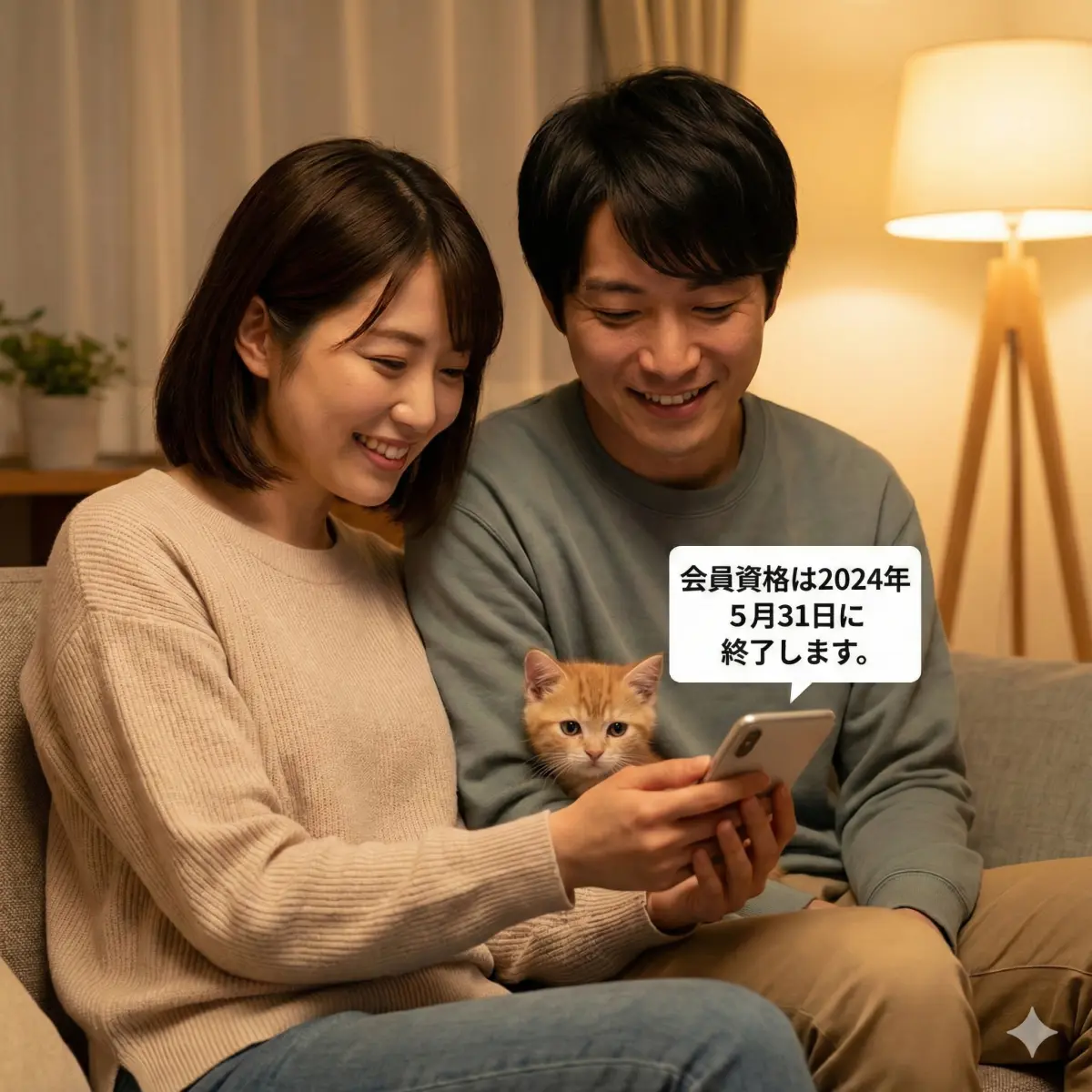 30代の日本人夫婦, 「会員資格は[日付]に終了します」と表示されたスマホ画面を二人で見ている, 安心と納得の表情, 二人の腕の間から顔を出す小さな子猫, 温かい室内照明。