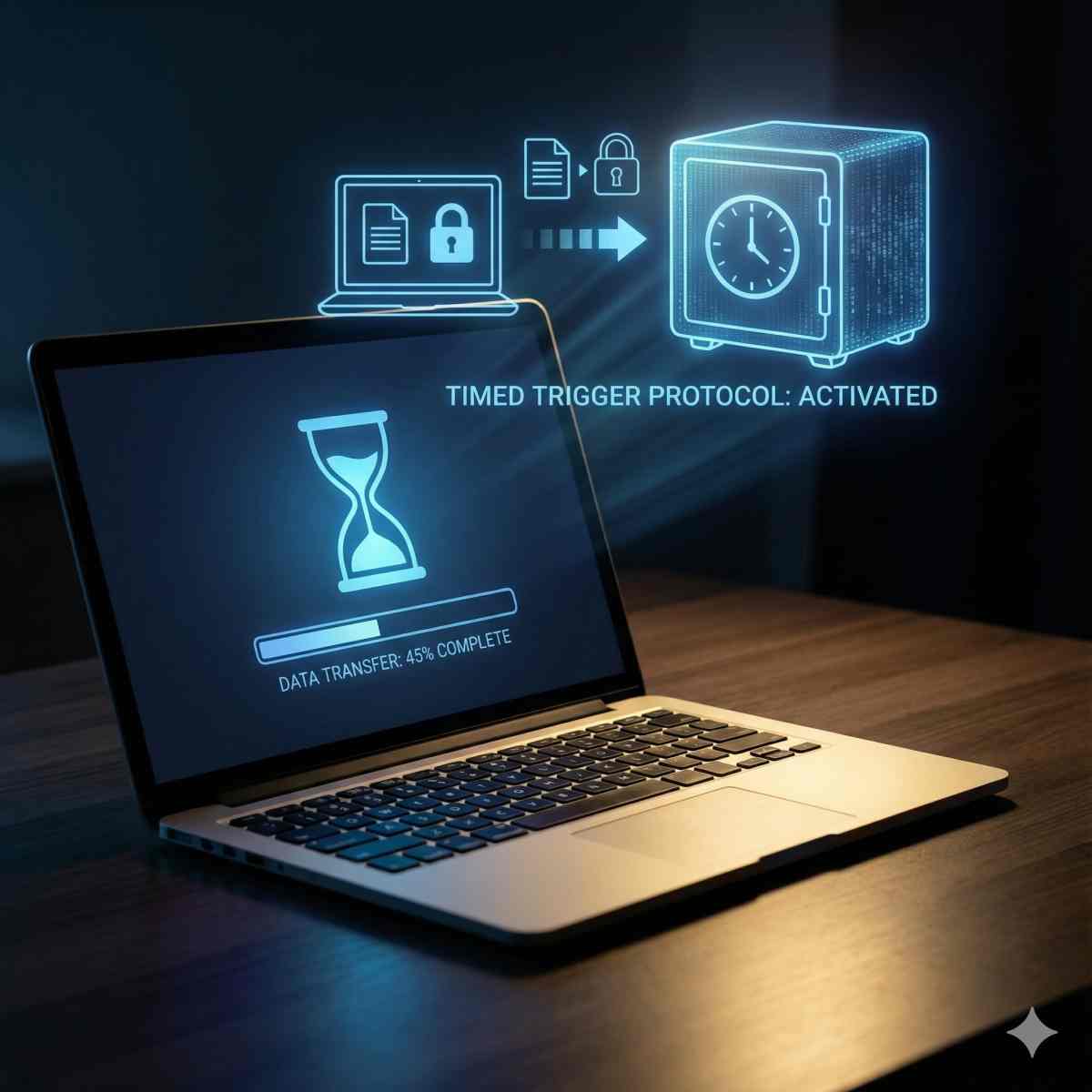砂時計のアイコンとデータ転送バーが表示されたノートパソコン。データが金庫へ移動するインフォグラフィック。時限式のデータ管理を表現。デジタルセキュリティを強調したライティング。