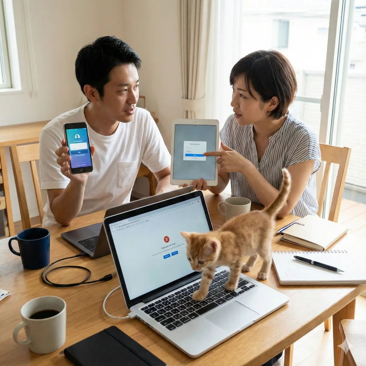 30代の日本人夫婦, テーブルの上で複数のデバイス（スマホ、タブレット、ノートPC）を確認している, 異なるログイン画面が表示されている, 協力して問題を探す前向きで集中した表情, キーボードの上を歩く小さな子猫。