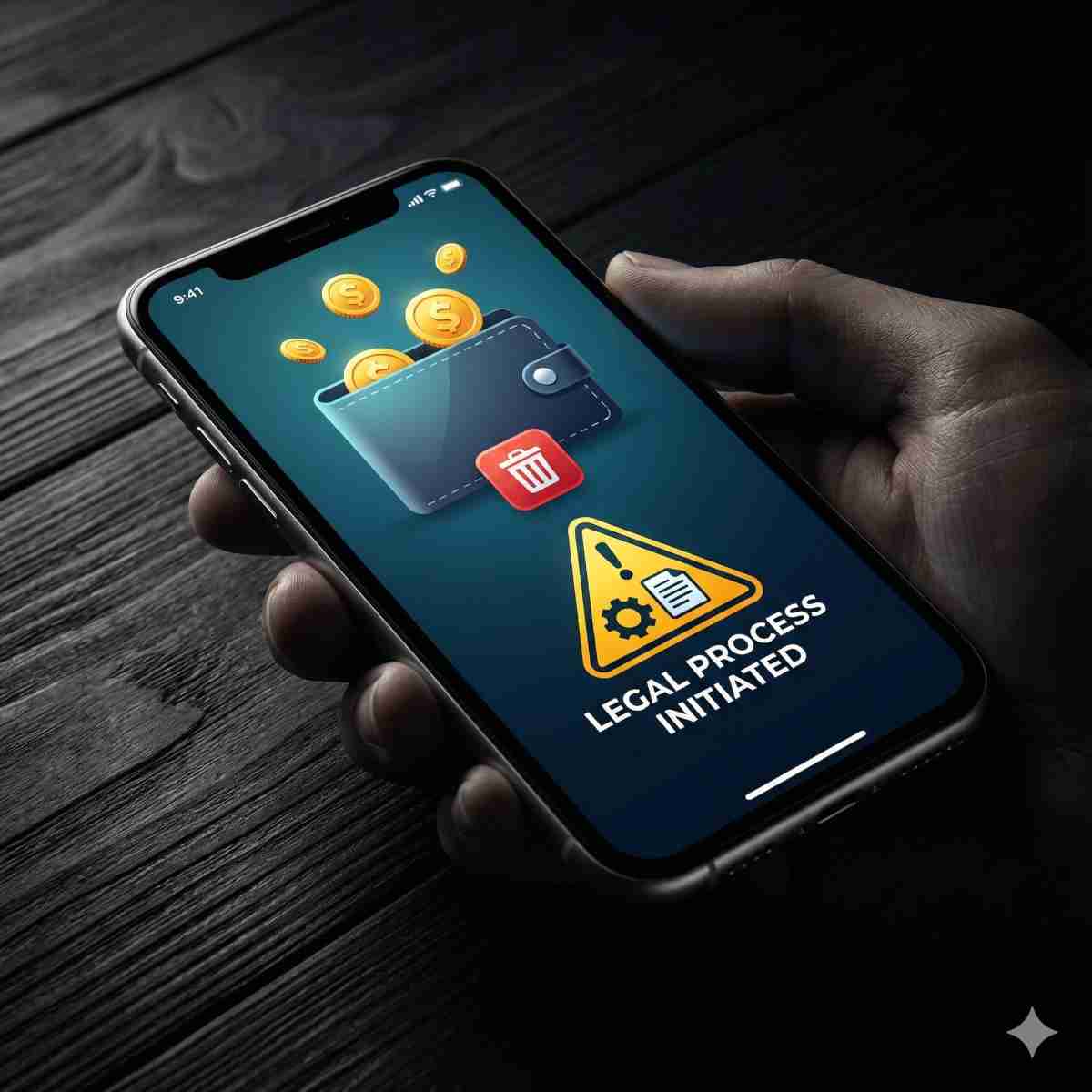デジタルウォレット画面に浮かぶコインとゴミ箱のアイコン。手続きを意味する歯車と書類、警告マークのインフォグラフィック。コントラストの強いライティング。