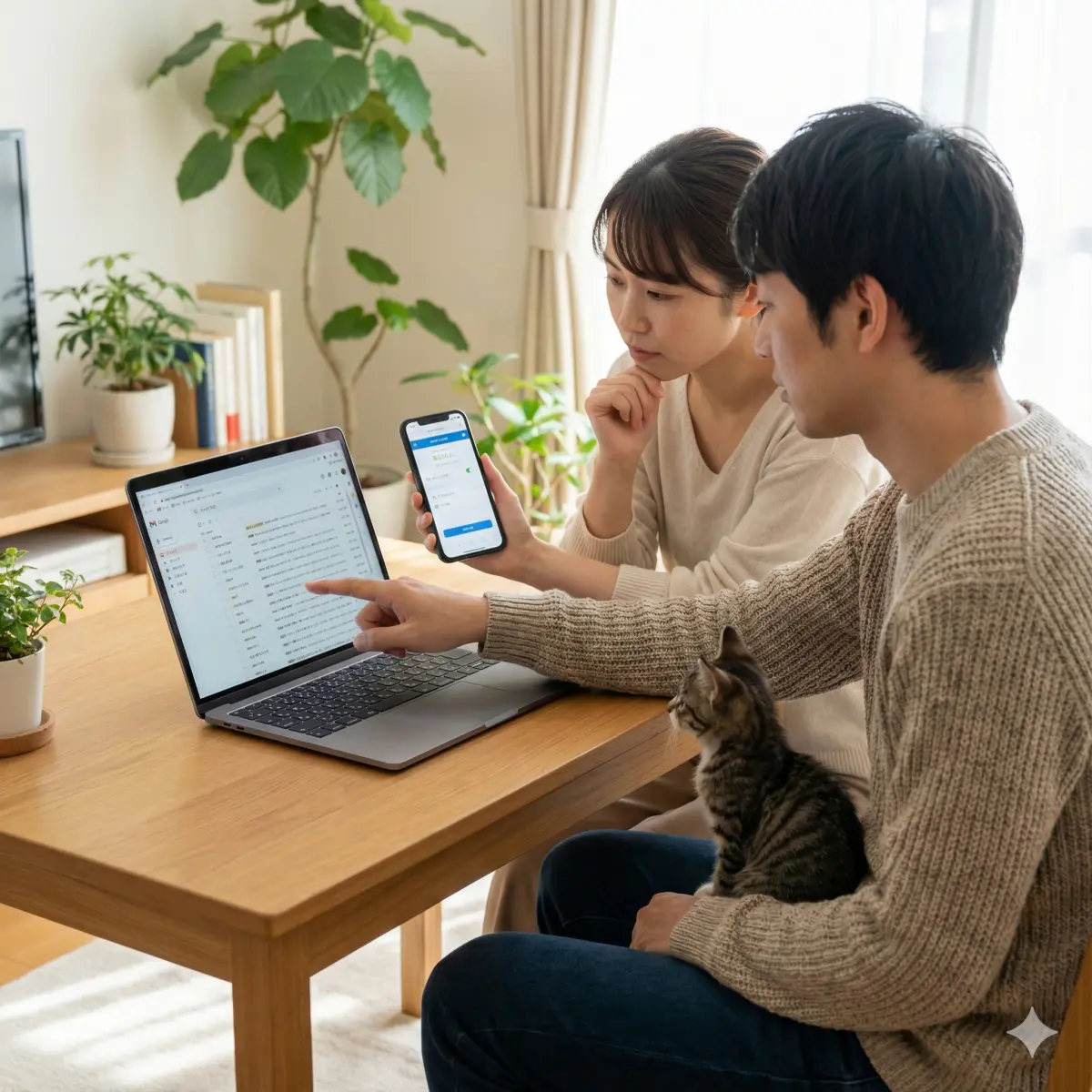 30代の日本人夫婦, ノートPCのメール受信トレイとスマホのアカウントステータス画面を比較している, 落ち着いて再確認している, ノートPCの画面をじっと見つめる小さな子猫。