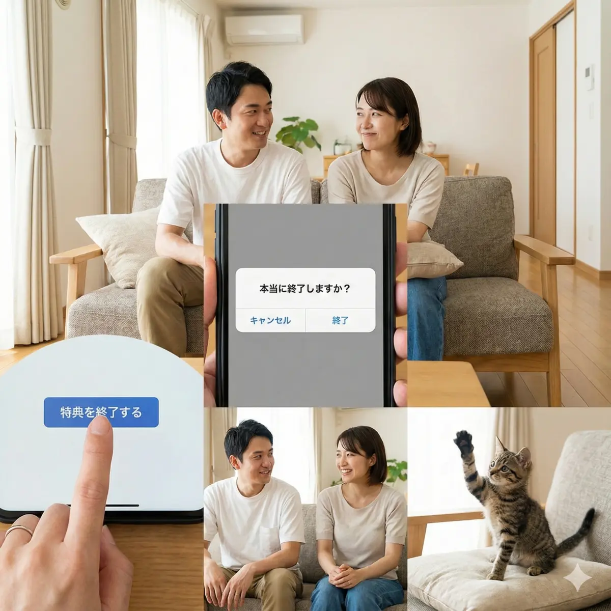 30代の日本人夫婦, しつこい「本当によろしいですか？」というスマホのポップアップ画面, 「特典を終了する」ボタンをしっかりと押す指, 苦笑いしつつも決意した笑顔を交わす夫婦, 前足を上げて応援する小さな子猫。