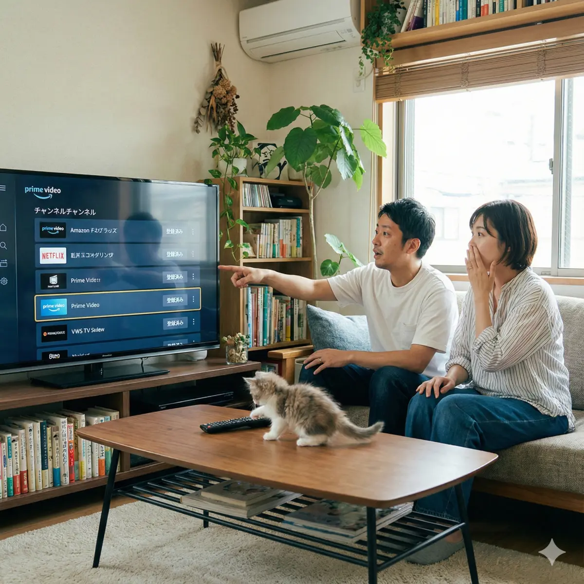 30代の日本人夫婦, Prime Videoのチャンネルリストが表示されたテレビ画面を見ている, 「登録中」と表示されたチャンネルを指さしてハッとする夫, 驚く妻, リモコンで遊ぶ小さな子猫。