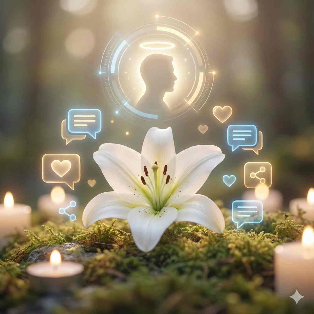 白い花の周りに、吹き出しやハートなどのSNSアイコンが並んだ美しい構成。後光がさすプロフィール画面のインフォグラフィックが追悼を表現。幻想的で穏やかな、敬意を感じさせる雰囲気。