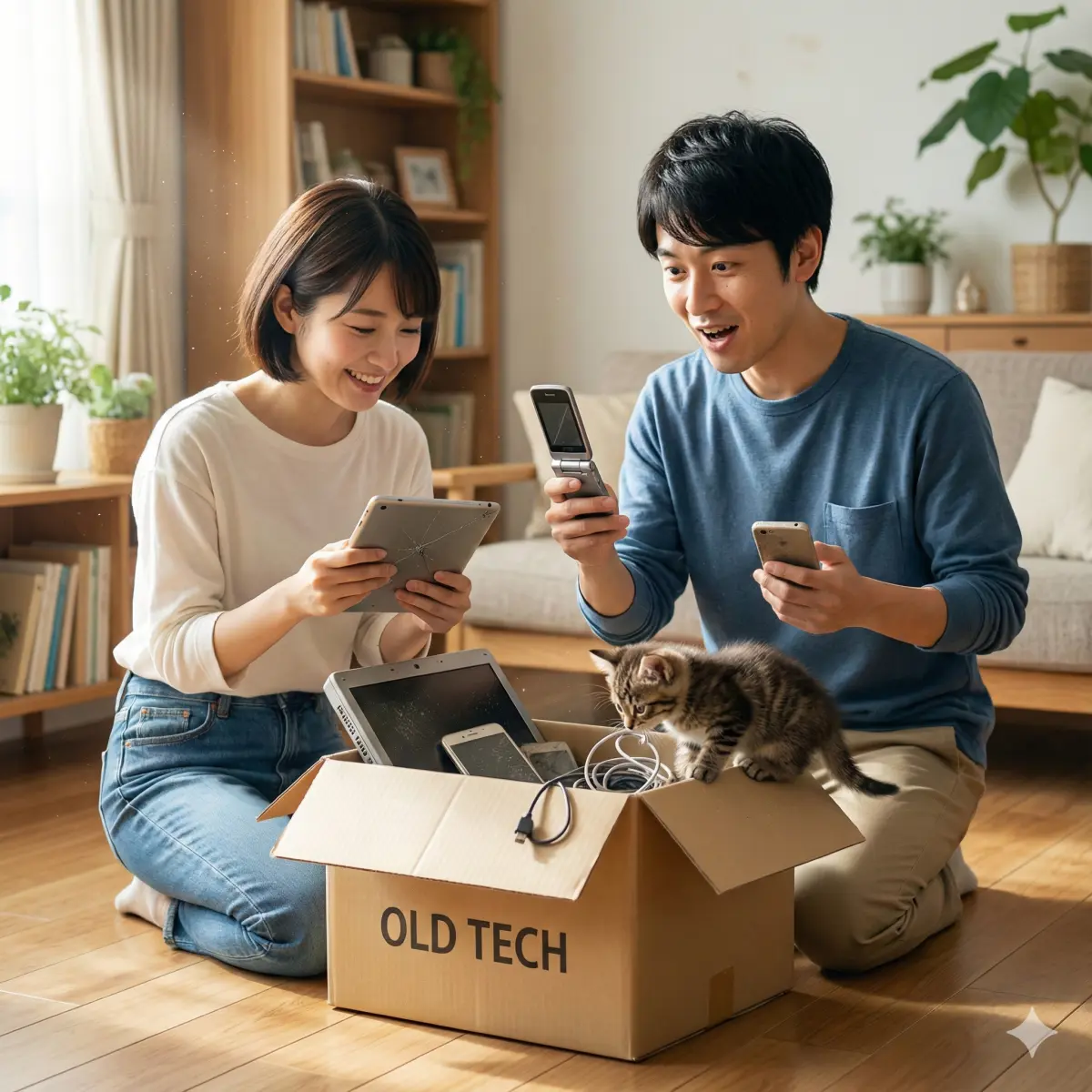 30代の日本人夫婦, 古いアカウントを確認するために収納箱から古いスマホや埃の被ったノートPCを取り出している, 発見の喜び, 古いデバイスを興味津々にクンクンと嗅ぐ小さな子猫。