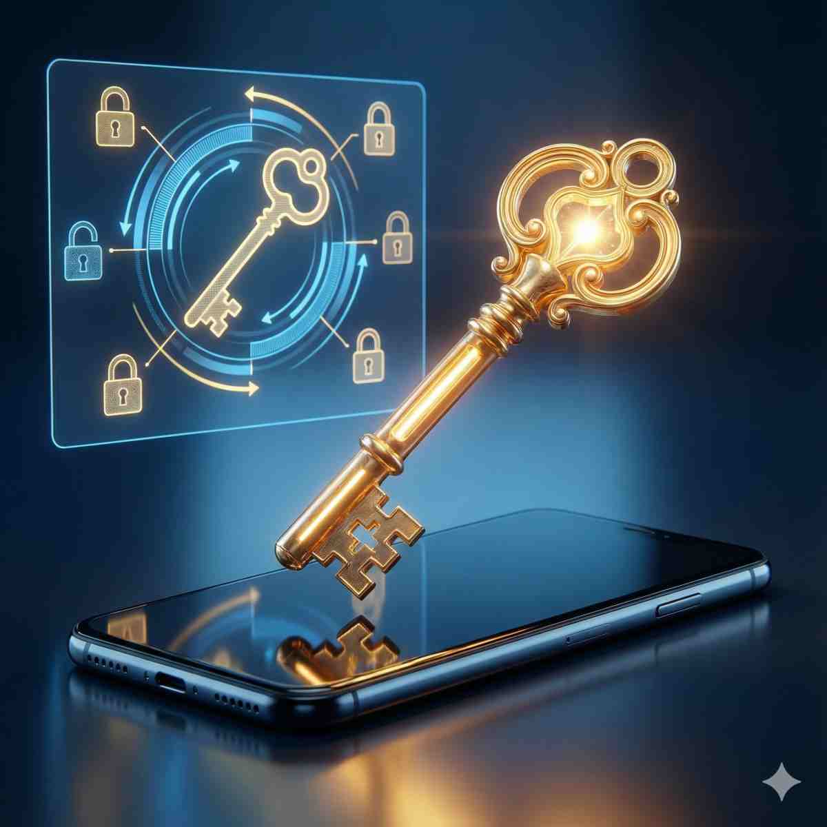 スマホの上に浮かぶ、輝く大きな金のマスターキー。1つの鍵で多くの南京錠を開けるインフォグラフィック。紺と金を基調とした高度なセキュリティ設定。金の鍵にフォーカスした超詳細な質感。