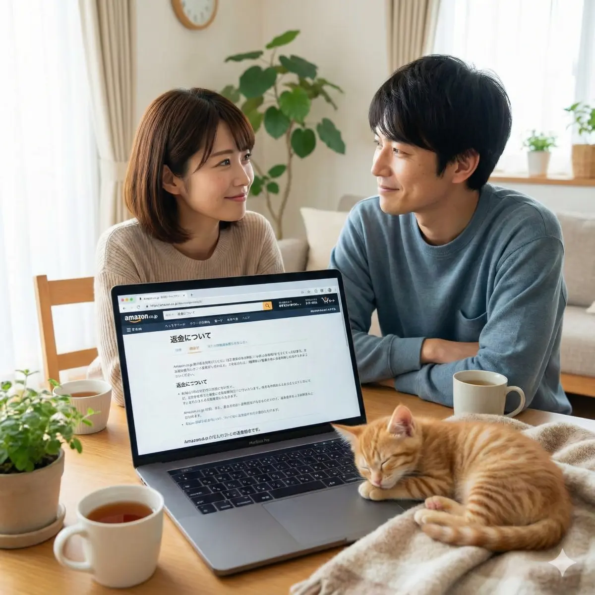 30代の日本人夫婦, ノートPCでAmazonの返金に関するヘルプページを読んでいる, 希望に満ちた笑顔で見つめ合う二人, ノートPCの横で安らかに眠る小さな子猫。