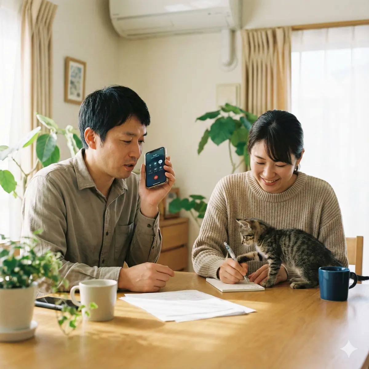 30代の日本人夫婦, スピーカーフォンでカスタマーサポートと話す夫, メモ帳に記録を取る妻, 協力的な雰囲気, ペンをちょいちょいと叩く小さな子猫。