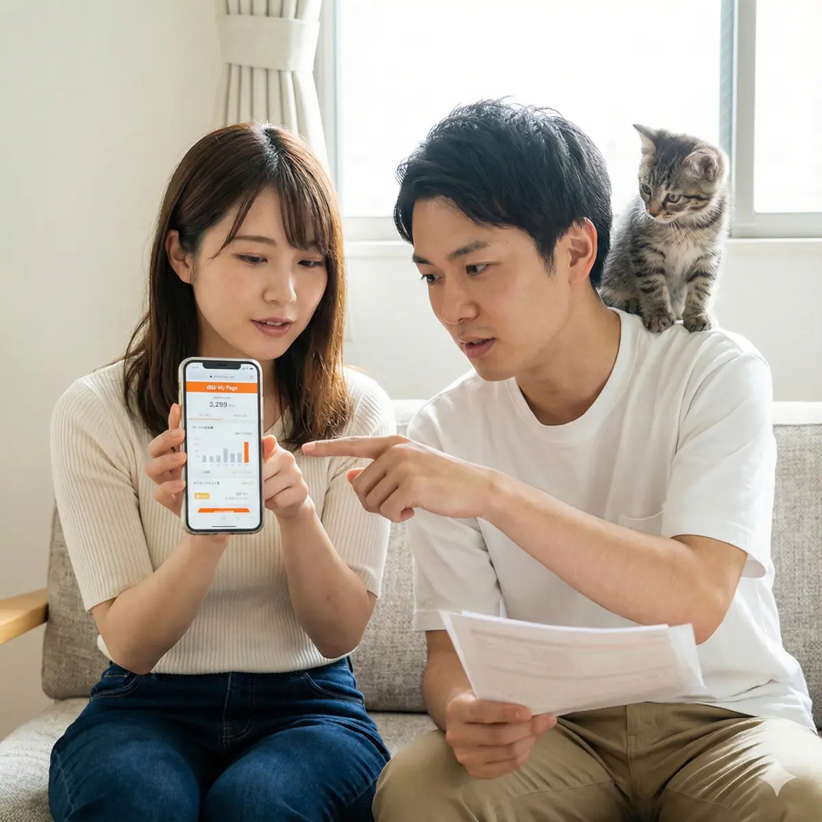 30代の日本人夫婦, スマホで携帯キャリア（auなど）のマイページアプリを操作している, Amazonとは異なるUI画面, 慎重にプラン内容を確認している, 画面を覗き込む小さな子猫。