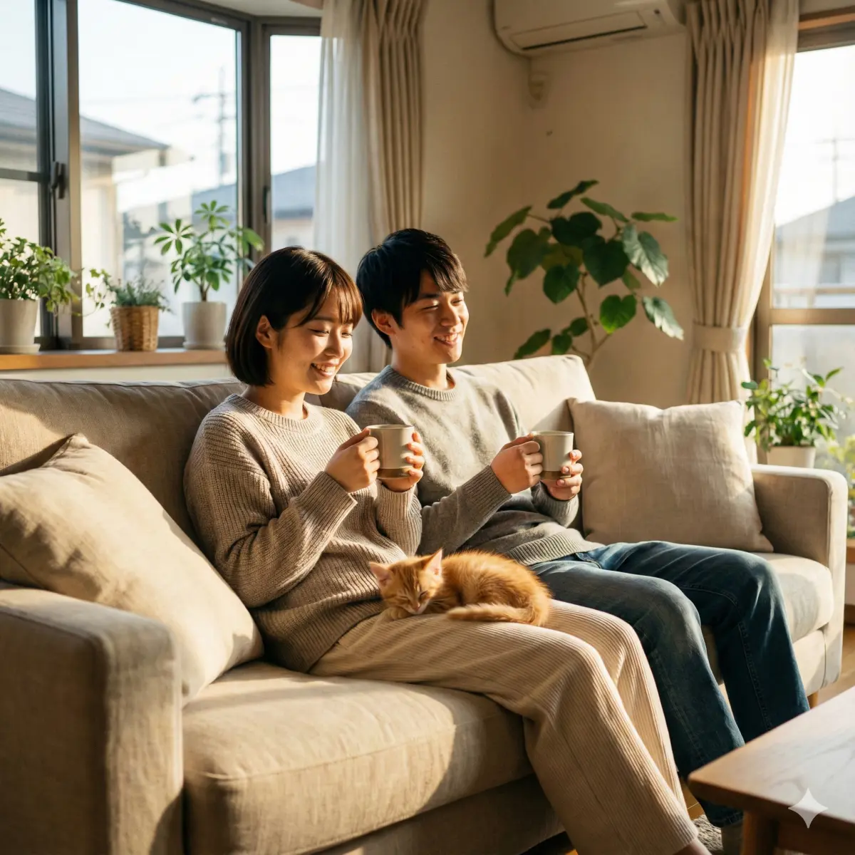 30代の日本人夫婦, 全ての手続きを終えてソファでくつろいでいる, コーヒーマグを手に持ち、安心した幸せな笑顔, 妻の膝の上で幸せそうに眠る小さな子猫, 温かい午後の光。