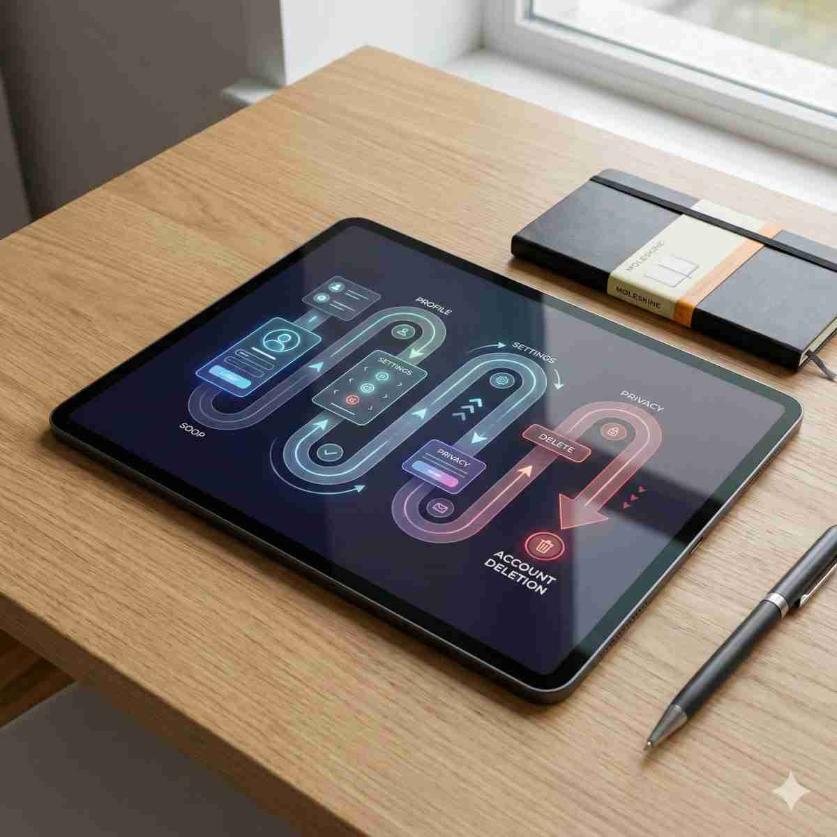 木製の机の上に置かれたタブレット画面のクローズアップ写真。抽象的なUI要素を用いた「アカウント削除」へのステップバイステップのインフォグラフィックガイドが表示されている。特定のロゴは無し。タブレットの横にはメモ帳とペンがある。窓からの自然光。