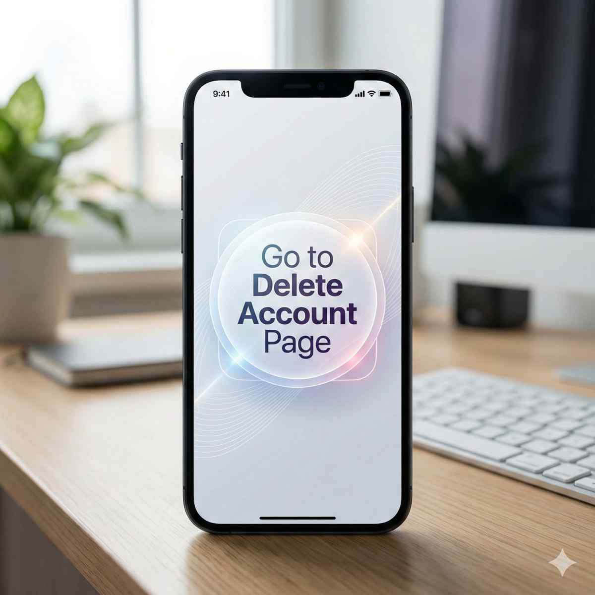 スマートフォンの画面に、抽象的なUIスタイルで「アカウント削除ページへ移動」と書かれた大きく目立つボタンがある、シンプルでミニマリストなウェブページデザインが表示されている。特定のロゴは無し。背景は緩やかにぼかされた現代的なホームオフィスの机。自然光。