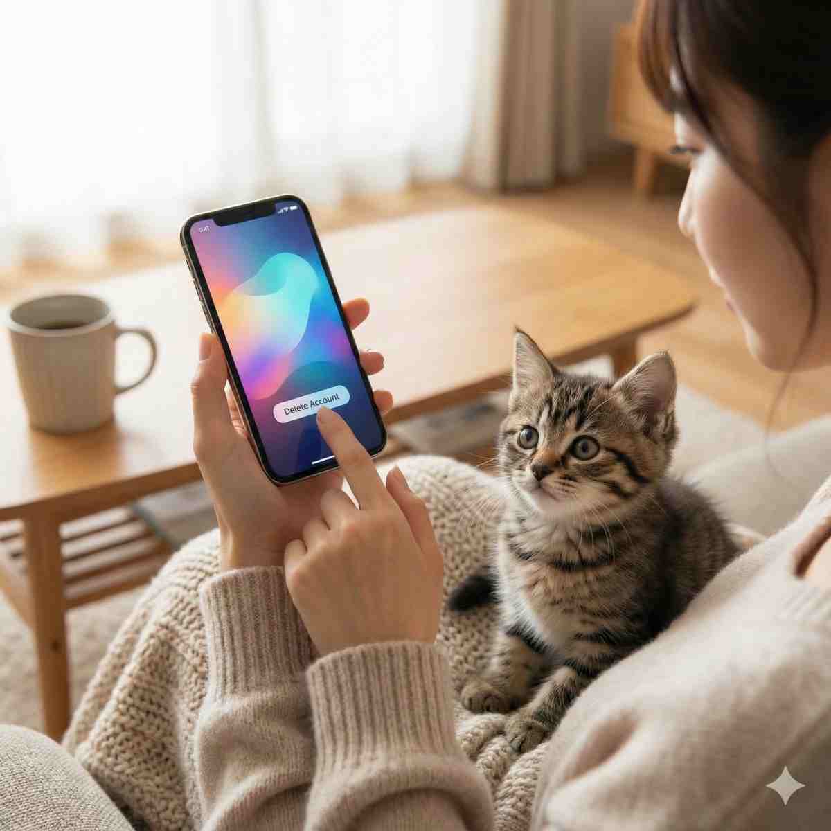20代日本人女性の手がiPhoneを持ち、抽象的な設定メニューUIを操作している。指が「アカウント削除」オプションをタップしようとしている。小さなふわふわの子猫が彼女の膝の上にいて、興味深そうに電話の画面を見上げている。温かく居心地の良いリビングルームの設定。自然光。